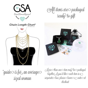 May include: A chart showing different chain lengths for necklaces, with a woman's silhouette wearing a necklace. The text "Chain Length Chart*" is at the top of the image. The text "*guide is for an average sized woman" is at the bottom of the image. The text "All items are packaged ready to gift" is at the top right of the image. The text "More than one item may be packaged together, if you'd like each item in a separate box, please leave a note at checkout" is at the bottom right of the image.