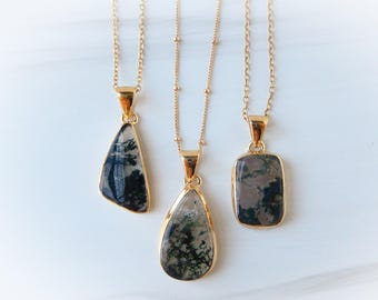 Moss Agate Necklace Gold Setting • Moss Agate Pendant Gold