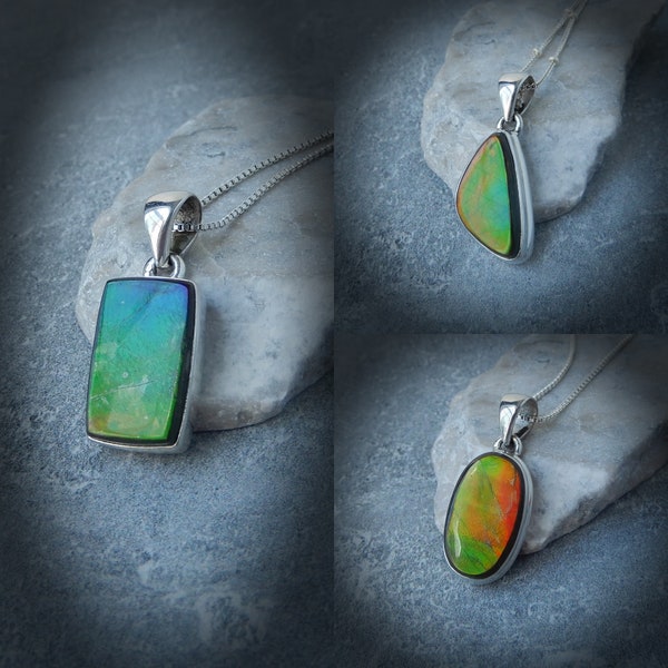 Ammolite Necklace, Iridescent Ammolite Pendant, Rare Ammolite Shell Necklace, Red Green Ammolite, Sterling Ammolite, Gemstone Appeal, GSA