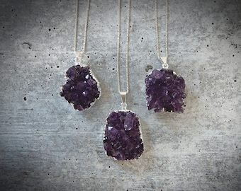 Silver Amethyst Necklace • Druzy Necklace • Raw Amethyst Pendant • Crystal Necklace •February Birthstone • Amethyst Druzy • Holiday Gift