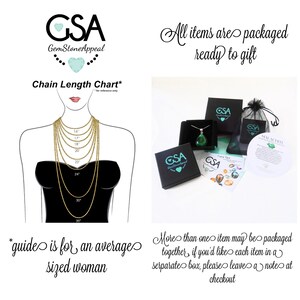 May include: A chart showing different chain lengths for necklaces, with a woman's silhouette wearing a necklace. The text "Chain Length Chart*" is at the top of the image. The text "*guide is for an average sized woman" is at the bottom of the image. The text "All items are packaged ready to gift" is at the top right of the image. The text "More than one item may be packaged together, if you'd like each item in a separate box, please leave a note at checkout" is at the bottom right of the image.