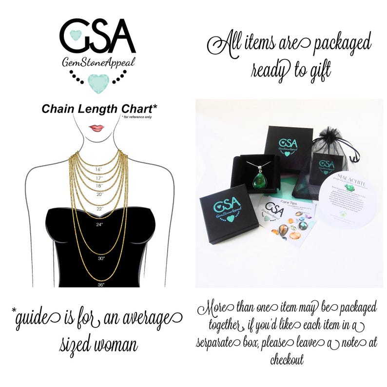 May include: A chart showing different chain lengths for necklaces, with a woman's silhouette wearing a necklace. The text "Chain Length Chart*" is at the top of the image. The text "*guide is for an average sized woman" is at the bottom of the image. The text "All items are packaged ready to gift" is at the top right of the image. The text "More than one item may be packaged together, if you'd like each item in a separate box, please leave a note at checkout" is at the bottom right of the image.