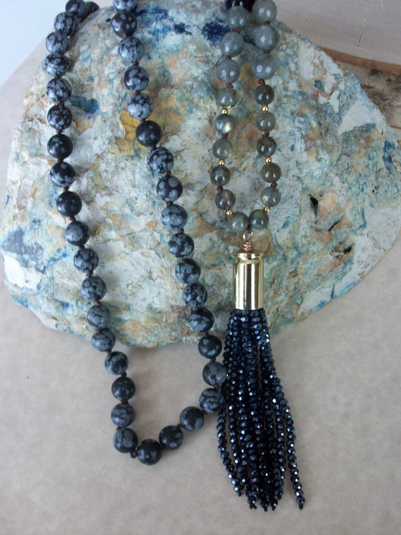 GSA Obsidian Necklace Beaded Necklace Gemstone Appeal bead Tassel Necklace Hand Knotted Necklace Labradorite Necklace Tassel Necklace