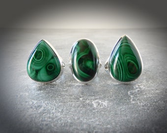 Malachite Ring, Sterling Silver Malachite Ring, Genuine Green Malachite Rings, Green Gemstone Ring, Green Banded Stone, Gemstone Appeal, GSA