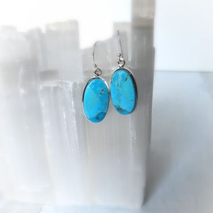 Turquoise Earrings Sterling Silver • Genuine Kingman Turquoise Earrings • Oval Turquoise Dangling Earrings • Blue Veined Turquoise