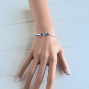 May include: A silver bangle bracelet with two blue gemstone accents.