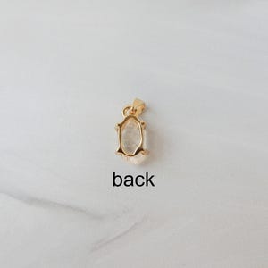 May include: A gold-coloured pendant with a clear, irregular-shaped stone. The pendant has a small loop at the top for a chain. The word "back" is printed below the pendant.