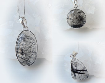 Black Rutilated Quartz Necklace Sterling Silver • Black Tourmaline Pendant • Black Tourmalated Quartz Pendant • Genuine Rutilated Quartz