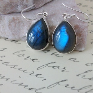 Labradorite Earrings Sterling Silver • Teardrop Labradorite Dangle Earrings • Genuine Flash Labradorite Earrings • Gift For Her • Blue stone