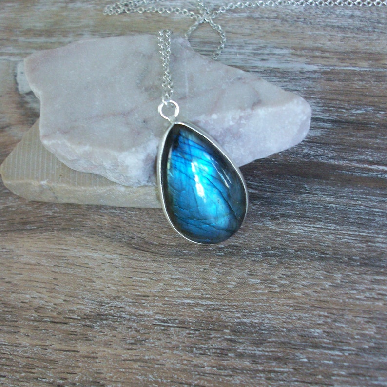 Labradorite Necklace, Sterling Silver Labradorite Pendant, Labradorite Teardrop Necklace, Blue Flash Labradorite, Gemstone Appeal, GSA image 1