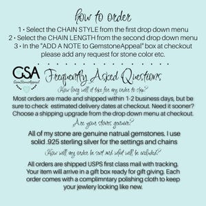 May include: A white background with blue text explaining how to order a gemstone necklace. The text includes instructions on how to select the chain style and length, and how to add a note to the seller. The text also includes frequently asked questions about shipping times, gemstone authenticity, and packaging.