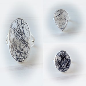 Black Rutilated Quartz Rings Sterling Silver • Sterling Silver Quartz Rings • Genuine Black Tourmilated Quartz Rings • For Crystal Lover
