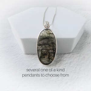 Moss Agate Necklace Sterling Silver • Moss Agate Pendant • Natural Moss Agate • Green & Clear Moss Agate Necklace • Affordable Jewelry