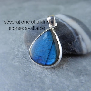 Genuine Labradorite Necklace Sterling Silver • Natural Blue Flash Labradorite • Teardrop  Blue Labradorite Stone • Gift for Crystal Lover