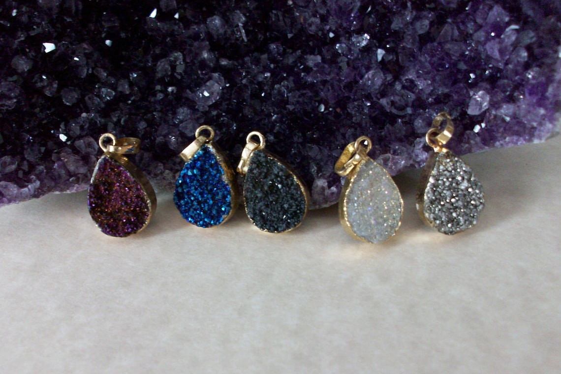 Druzy Agate & Black Rutilated Quartz Pendant main image 1