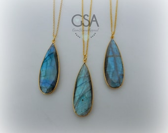 Labradorite Necklace, Gold Labradorite Necklace, Blue Flash Labradorite, Genuine Labradorite Teardrop, Gemstone Appeal, GSA