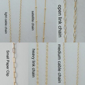 May include: An assortment of gold-coloured chain styles, including light cable, satellite, open link, medium cable, heavy link, and small paper clip chains. Each chain style is labelled with its name in a clear font.