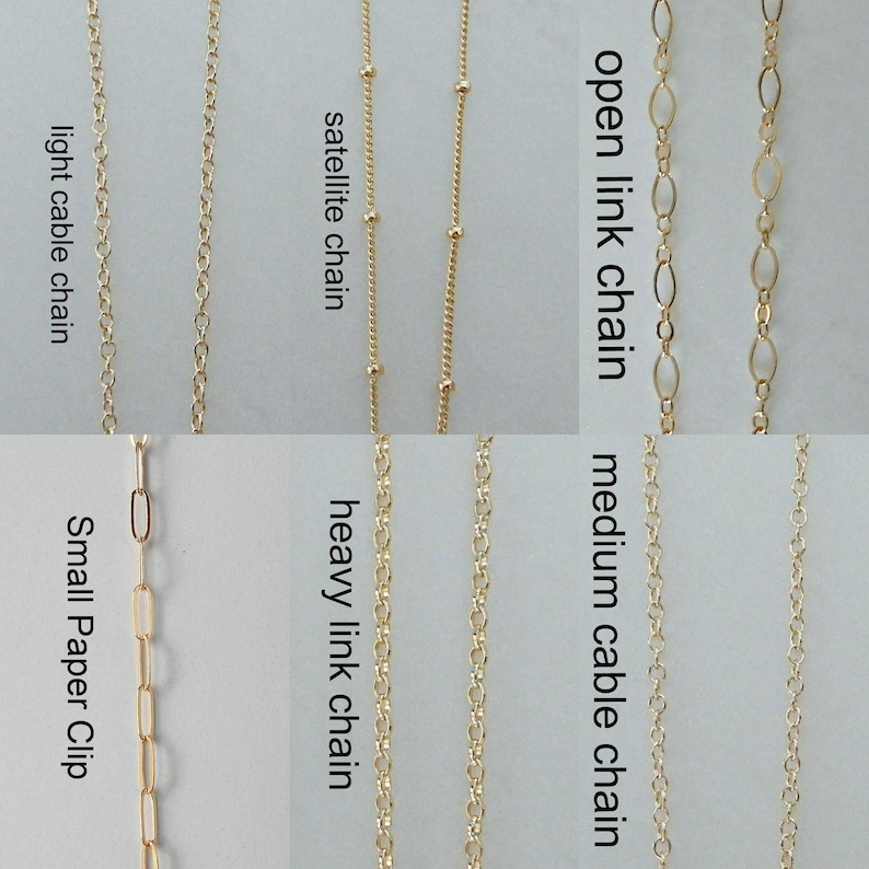 May include: An assortment of gold-coloured chain styles, including light cable, satellite, open link, medium cable, heavy link, and small paper clip chains. Each chain style is labelled with its name in a clear font.