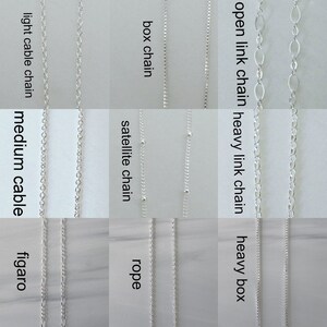 May include: A comparison of different types of silver chains, including light cable, medium cable, figaro, rope, satellite, box, open link, and heavy link.