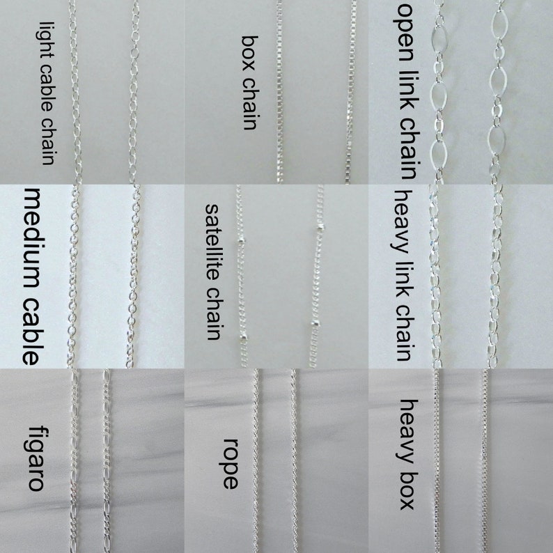 May include: A comparison of different types of silver chains, including light cable, medium cable, figaro, rope, satellite, box, open link, and heavy link.