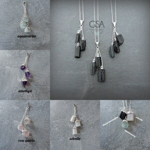 Triple Gemstone Necklace, Customizable Crystal Necklace, Black Tourmaline, Rose Quartz, Aquamarine, Amethyst, Selenite, Gemstone Appeal, GSA