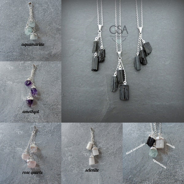 Triple Gemstone Necklace, Customizable Crystal Necklace, Black Tourmaline, Rose Quartz, Aquamarine, Amethyst, Selenite, Gemstone Appeal, GSA