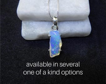 Genuine Ethiopian Raw Opal Necklace Sterling Silver • Welo Fire Opal Pendant • October Birthstone Jewelry • Gift for Crystal Lover