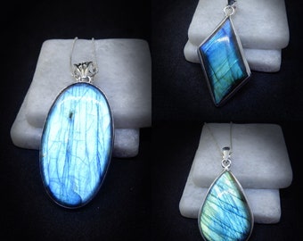 Collier labradorite, collier labradorite argenté, pendentif labradorite, labradorite flash bleu, bijoux en labradorite, appel de pierres précieuses, GSA