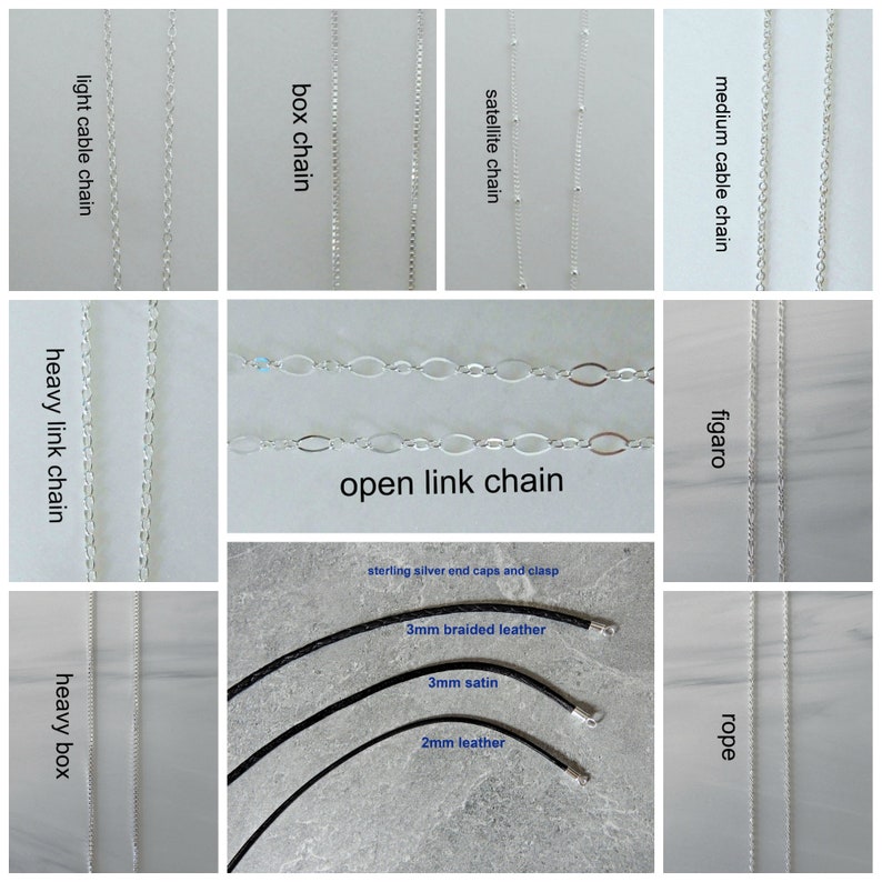 May include: A close-up of various silver chains, including box, cable, satellite, heavy link, open link, figaro, and rope chains. The chains are displayed on a white surface. The text "sterling silver end caps and clasp" is visible at the bottom of the image.