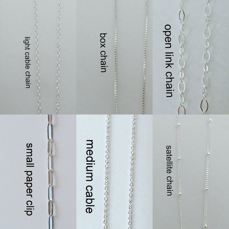 May include: A close-up of ten different types of silver chains, including open link, satellite, box, cable, and paper clip chains.
