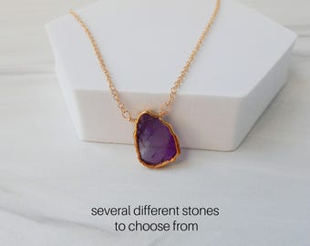 Gemstone Slice Pendant Necklace • Rough Crystal Slice • Raw Amethyst Necklace • Birthstone Jewelry • Layered Necklaces • Boho Jewelry