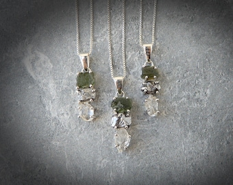 Moldavite Necklace • Raw Three Stone Meteorite Pendant • Sterling Silver Authentic Meteorite Necklace • Campo Del Cielo Pendant • Herkimer