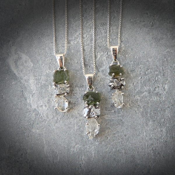 Moldavite Necklace • Raw Three Stone Meteorite Pendant • Sterling Silver Authentic Meteorite Necklace • Campo Del Cielo Pendant • Herkimer