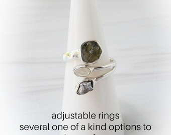 Moldavite Ring • Raw Three Stone Meteorite Ring • Sterling Silver Authentic Meteorite Ring • Campo Del Cielo Ring • Herkimer Ring