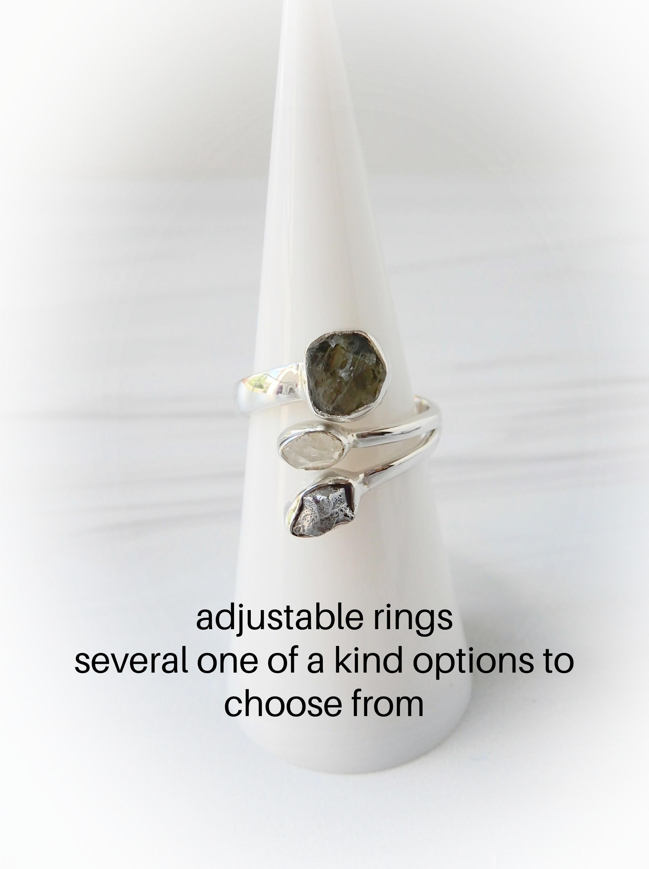 Moldavite Ring • Raw Three Stone Meteorite Ring • Sterling Silver