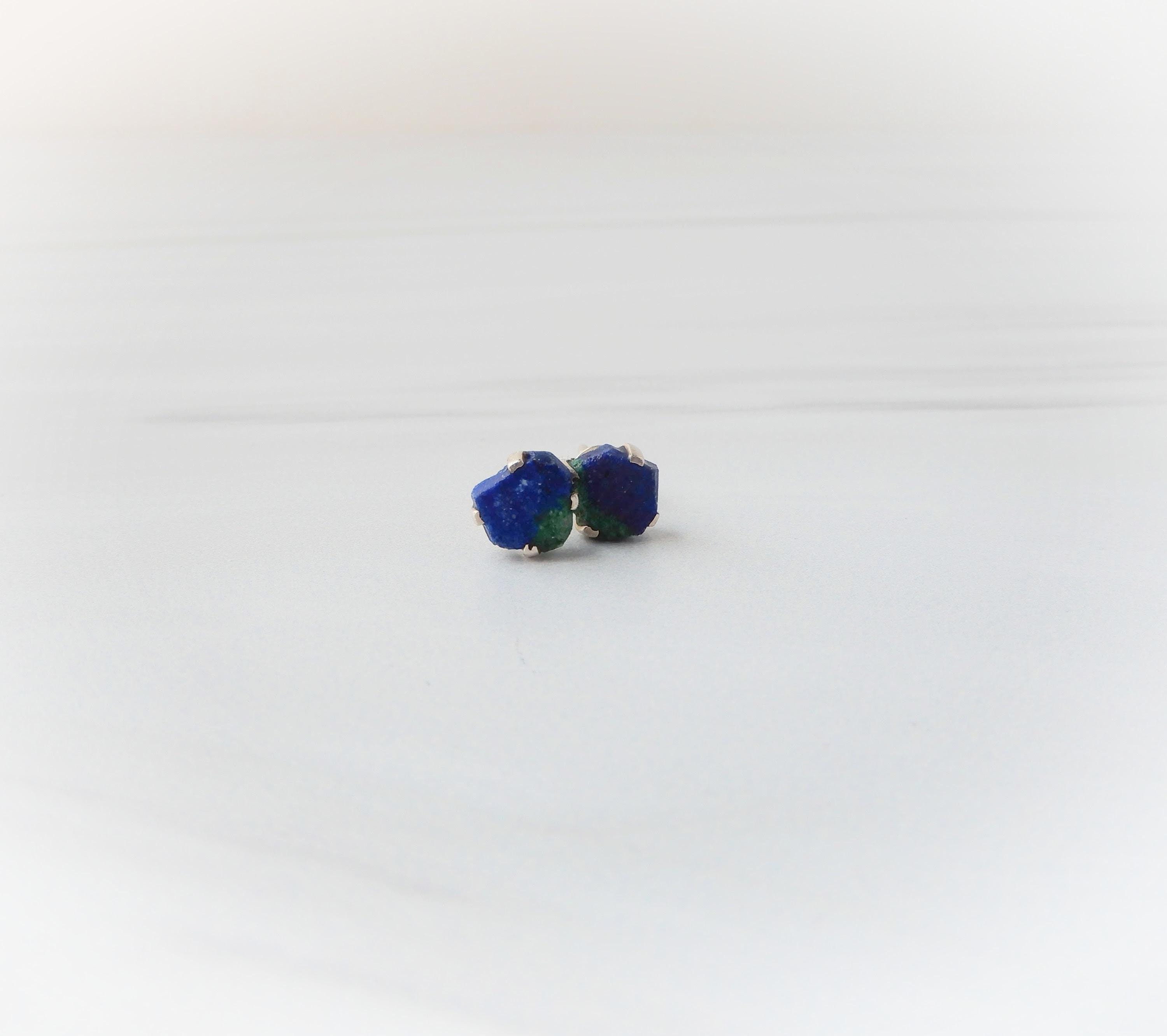Raw Gemstone Earrings Sterling Silver • Raw Azurite Malachite Stud Earrings • Healing Gemstone, Sterling Gemstone Stud Earrings • Great Gift