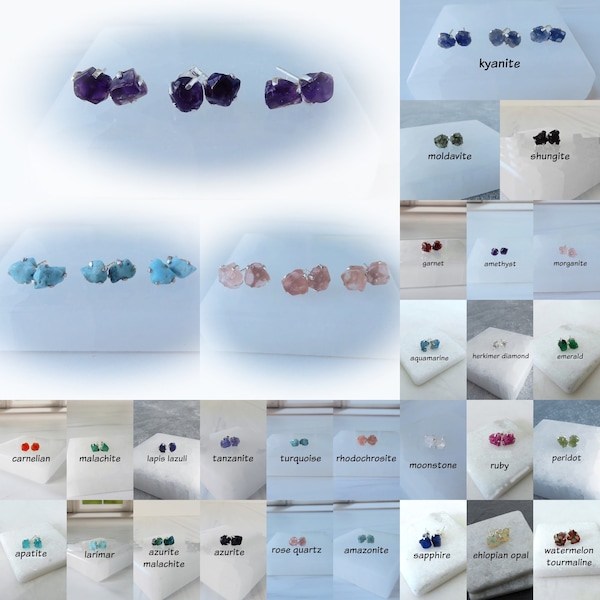 Raw Gemstone Stud Earrings, Rough Birthstone 925 Silver Studs, Genuine Gemstone Earring Sets, Rough Stone Prong Studs, Gemstone Appeal, GSA