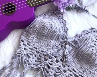 Lavender Crochet Crop Top: Boho Cotton Halter Bralette