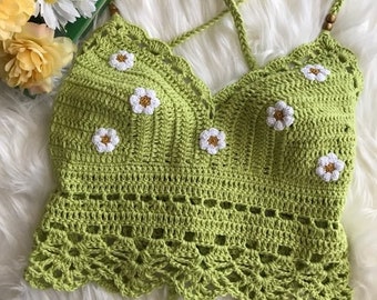 Crochet Crop Top, Festival Crop Top, Boho Crop Top, Daisy Flower Criss Cross Bralette, Gypsy Crop Top, Crochet Top, Daisy Crop Top