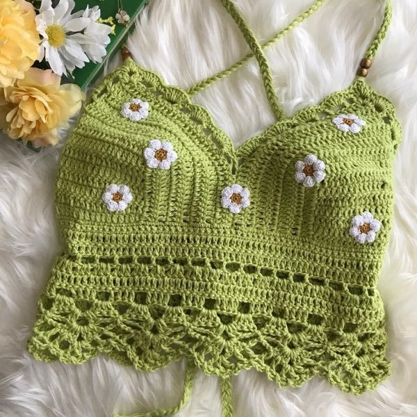 Crochet Crop Top, Festival Crop Top, Boho Crop Top, Daisy Flower Criss Cross Bralette, Gypsy Crop Top, Crochet Top, Daisy Crop Top