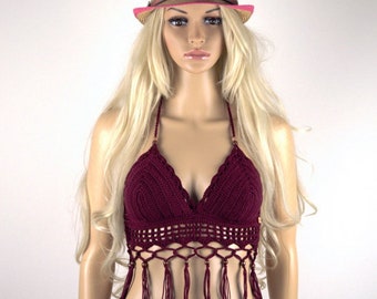 Crochet Halter Crop Top: Burgundy Boho Festival Wear