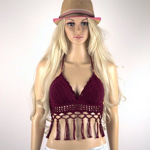 Crochet Halter Crop Top: Burgundy Boho Festival Wear