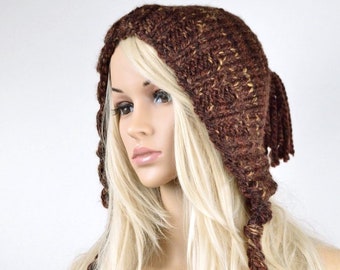 Handmade Brown Wool Chullo Hat: Knit Winter Earflap Tassel Hat