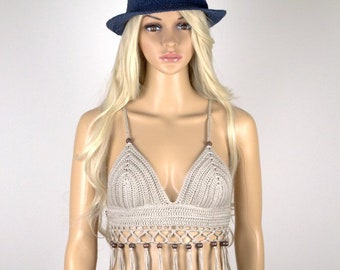 Crochet Crop Top: Boho Cotton Halter with Tassels