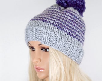 Knit Hat, Winter Hat, Beanie Hat, Pom Pom Hat, Pom Pom Beanie, Fall Hat, Slouchy Beanie Hat, Purple Grey Beanie Hat