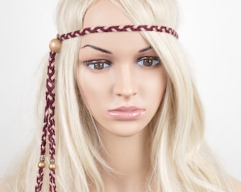 Burgundy Boho Headband: Cotton Braid with Wooden Beads