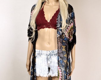 Boho Kimono, Mandala Print Gypsy Kimono, Festival Kimono, Black Kimono, Gypsy Kimono
