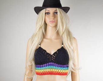 Rainbow Crochet Crop Top: Soft Cotton Boho Festival Top