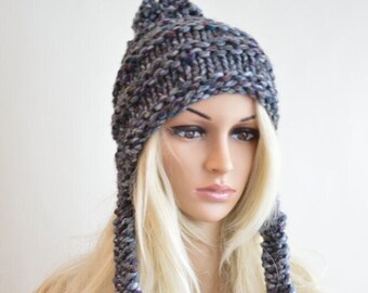 Handmade Wool Chullo Hat: Abalone Knit Ear Flap with 3 Pom Poms