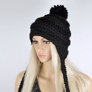 Handmade Wool Chullo Hat: Black Knit Ear Flap Pom Pom Beanie